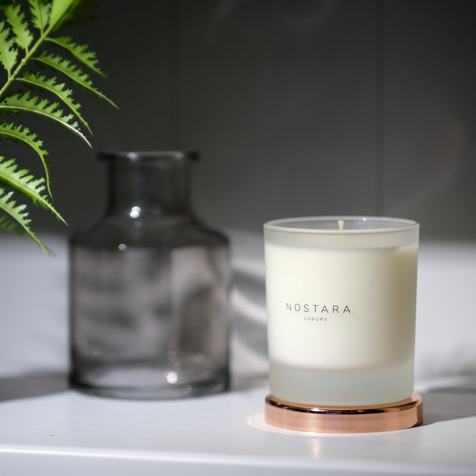 Nostara scented candle on shelf with green fern