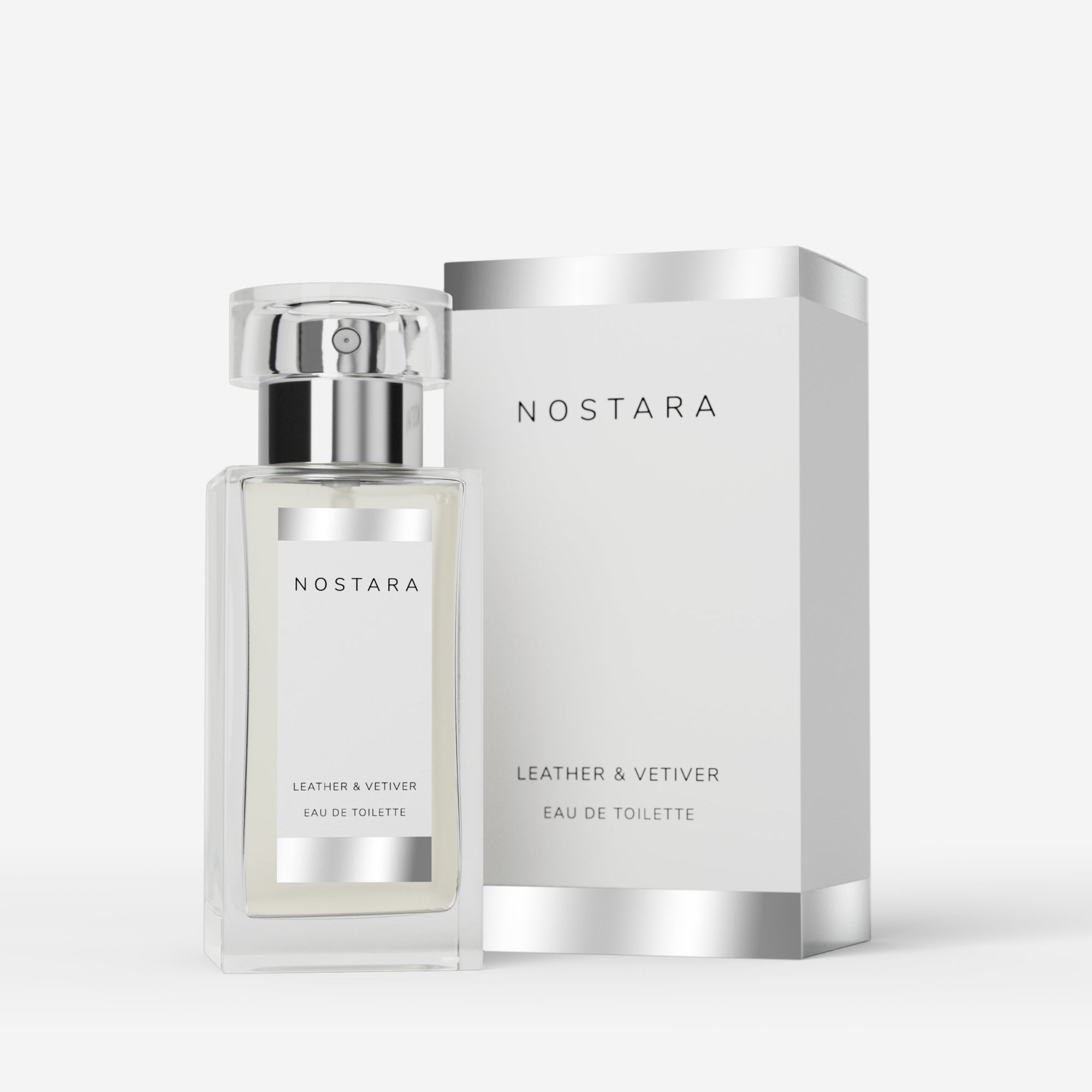 Nostara Leather & Vetiver Eau De Toilette Bottle and Box 